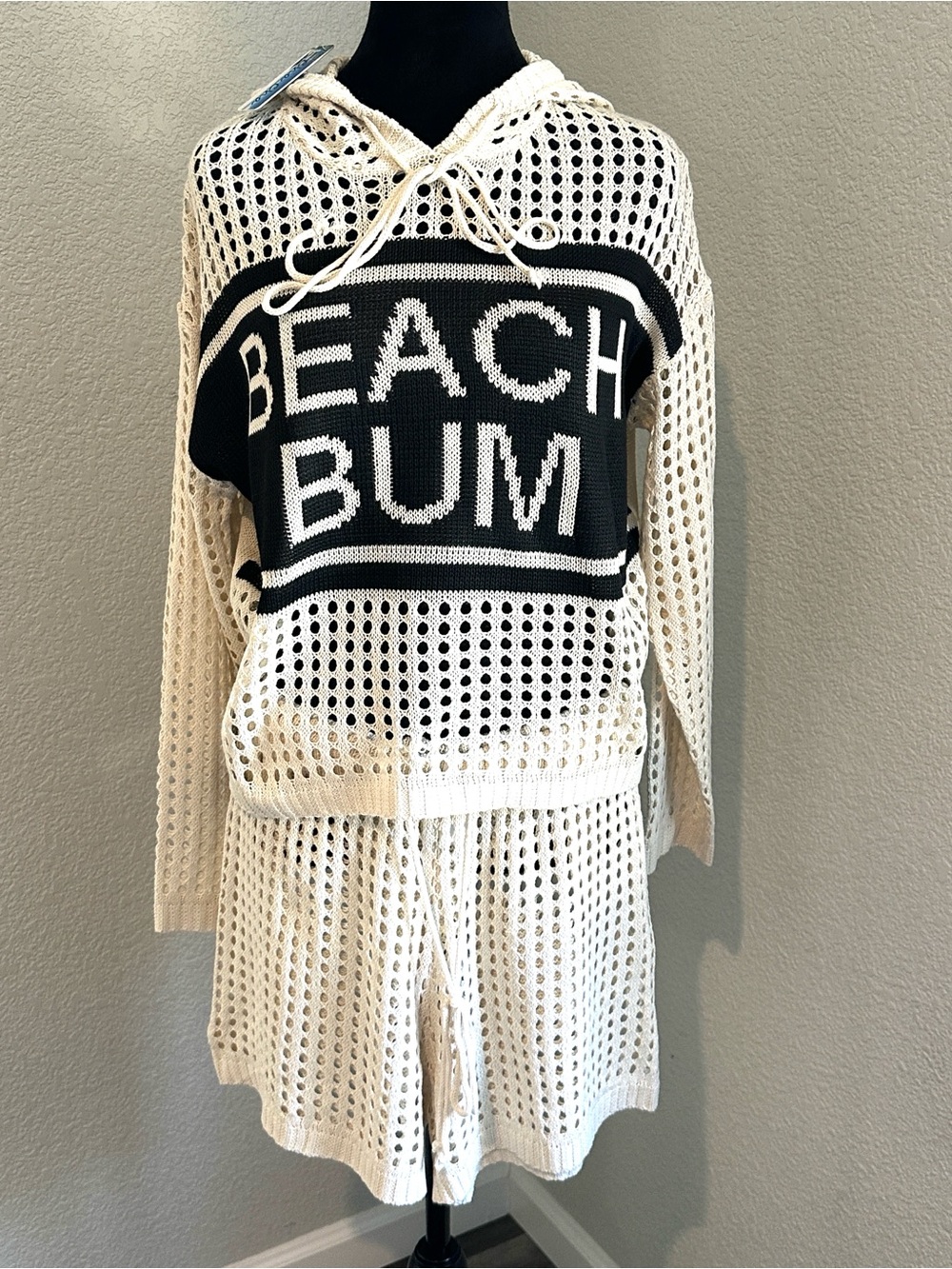 Beach Bum Crochet Knit Cover-Up Set - Cream with Black - Picture 2 of 6
